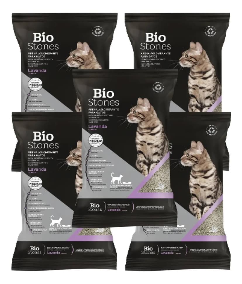 Arena Piedras Sanitarias Para Gatos Bentonita Sodica Aglomerante Bio Stones Aroma Lavanda 20 Kg - Pack De 5 Bolsas De 4 Kg Cada Una